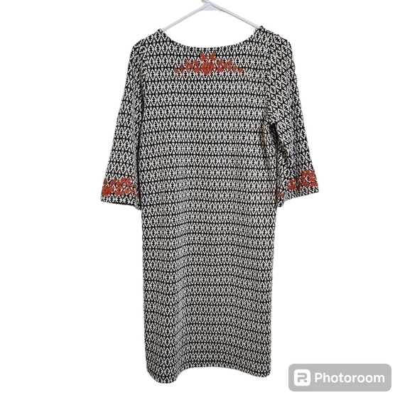 Anthropologie THML Shift Dress Aztec Embroidered Houndstooth 3/4 Sleeve sz  M - Picture 2 of 8